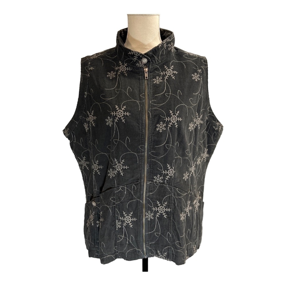 Woolrich Womens XL Corduroy Vest Gray Snowflake Embroidered Full Zip‎ Sleeveless
